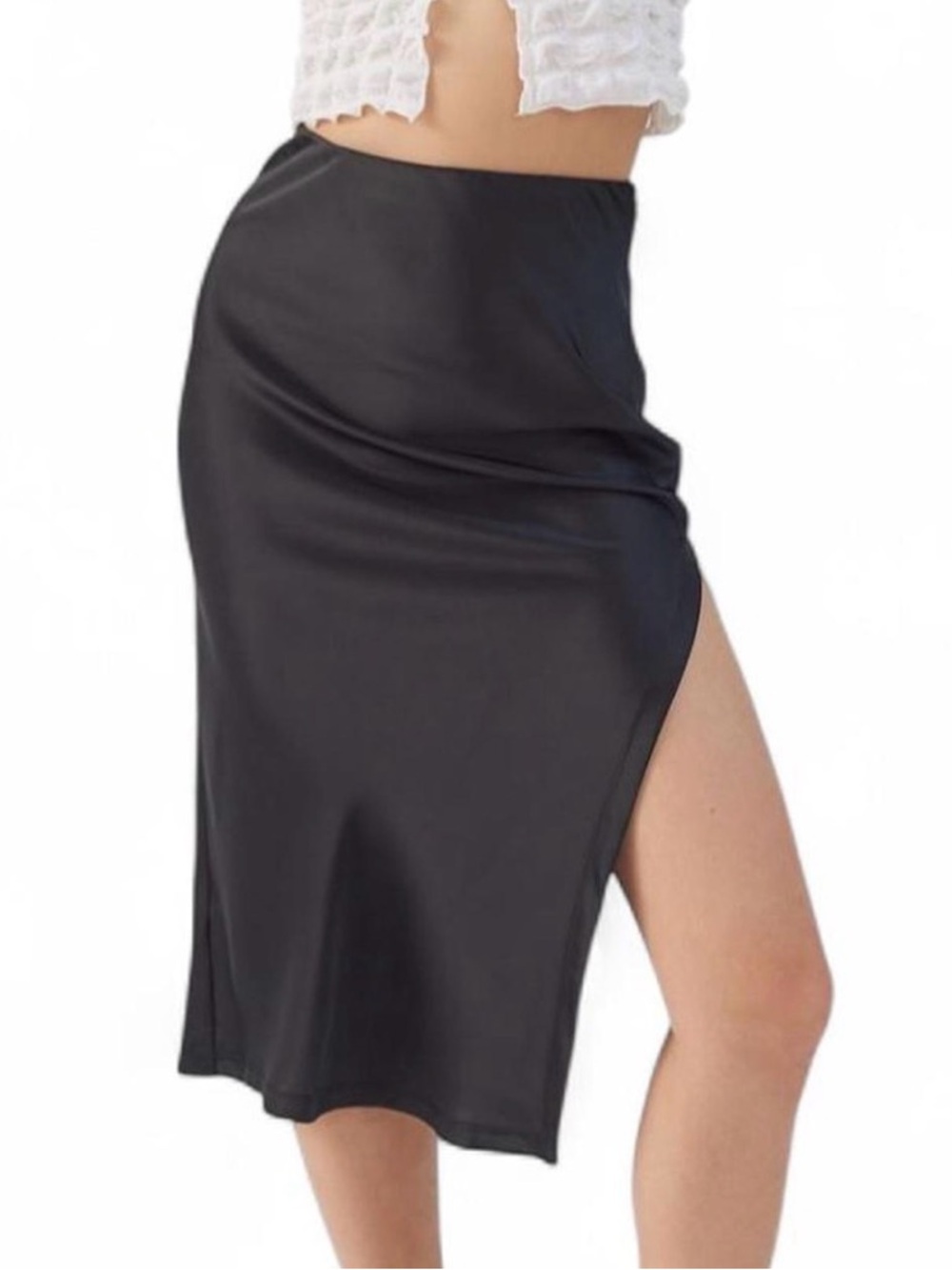 Urban Outfitters Edy Satin Slit Midi Skirt-With Slit, Black, Size XS